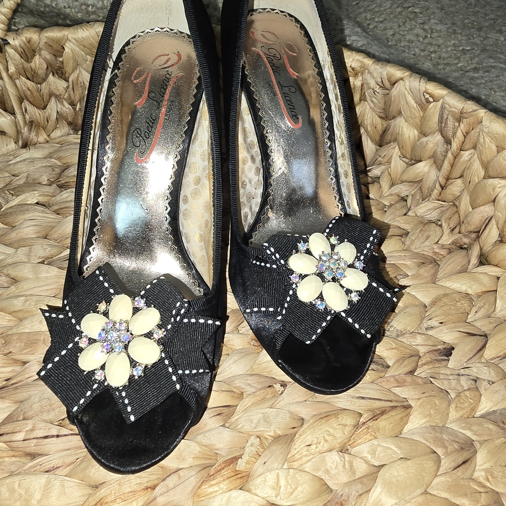 Poetic License Black Heels with Cream Floral Accent